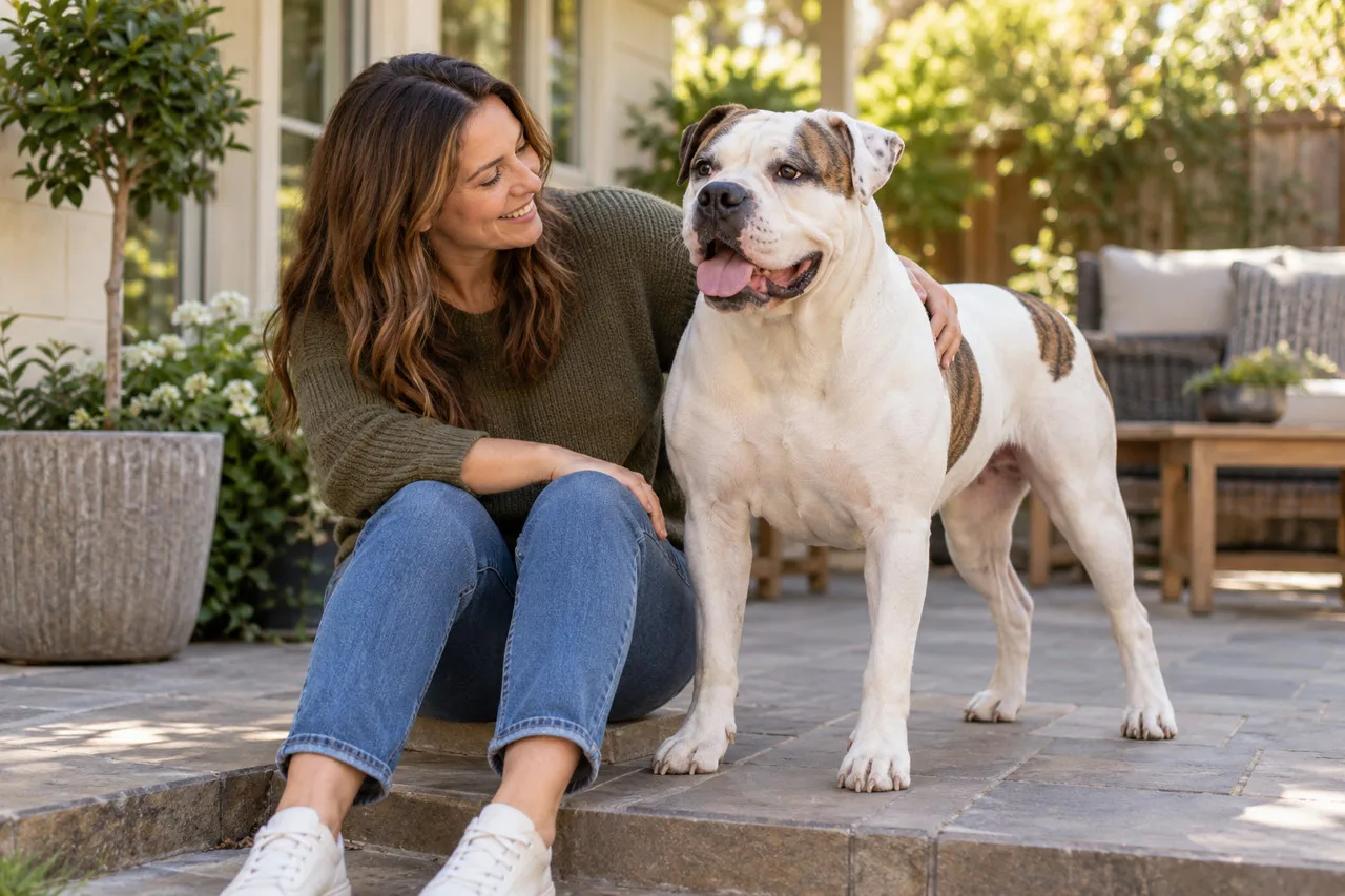 Owner seated beside a white-and-brown dog on a patio